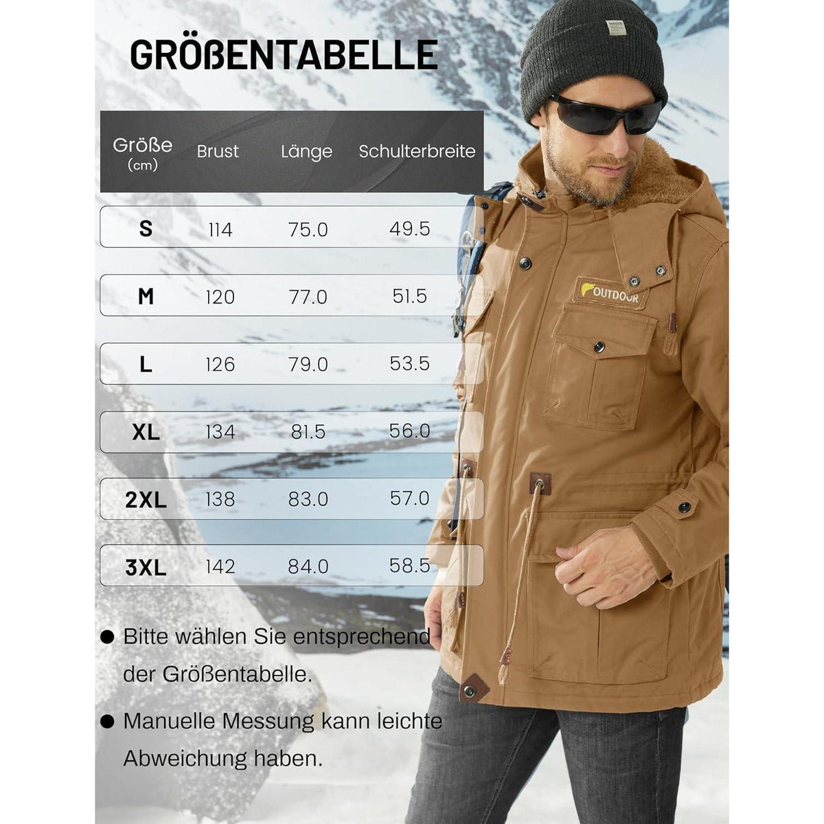 Herren Winterjacke gefüttert Fleece Parka mit Kapuze Khaki XL