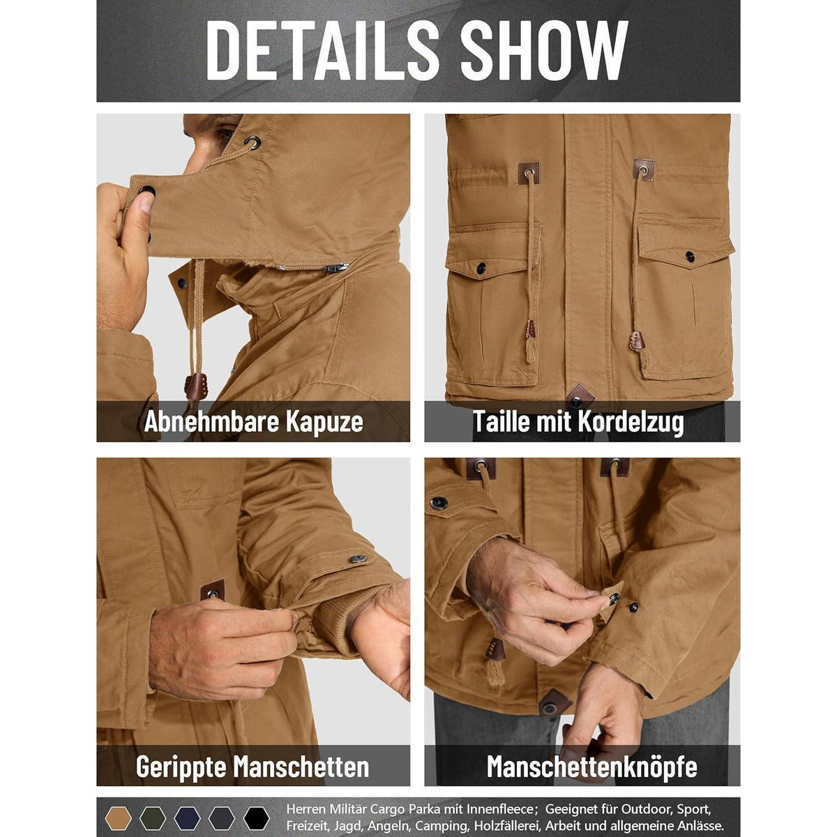 Herren Winterjacke gefüttert Fleece Parka mit Kapuze