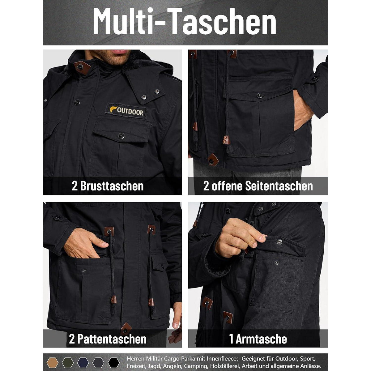 Herren Winterjacke gefüttert Fleece Parka mit Kapuze Schwarz XL