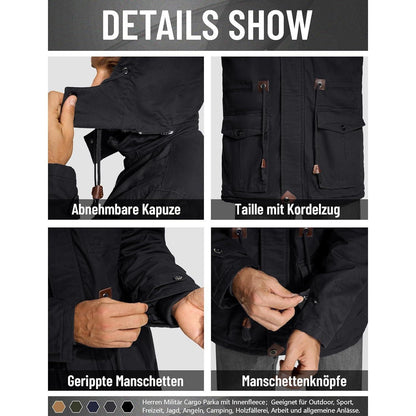 Herren Winterjacke gefüttert Fleece Parka mit Kapuze Schwarz XL