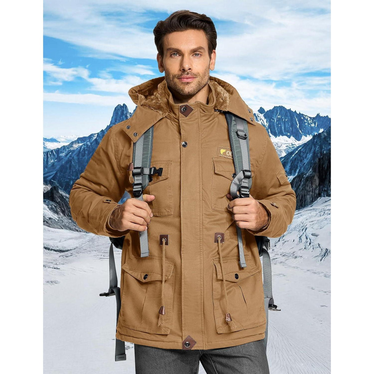 Herren Winterjacke gefüttert Fleece Parka mit Kapuze Khaki L