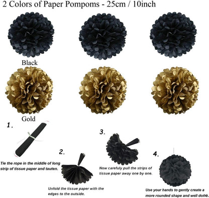 Party Dekoration Set Schwarz Gold - Papier Pompoms Fächer Luftballon
