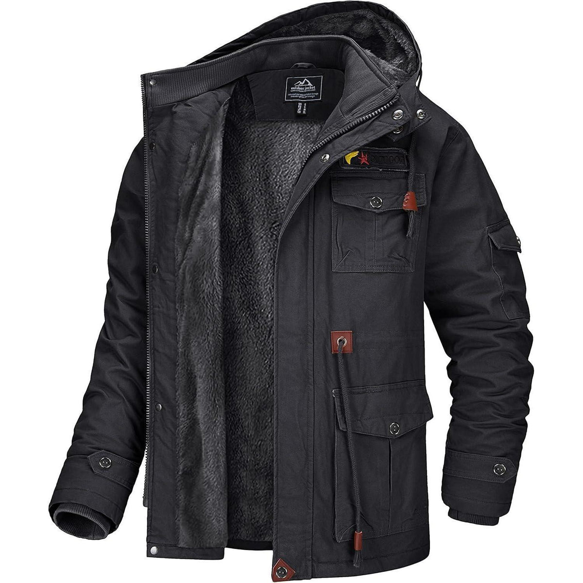 Herren Winterjacke gefüttert Fleece Parka mit Kapuze Grau L