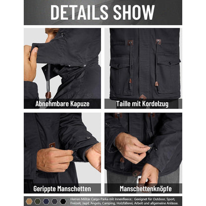 Herren Winterjacke gefüttert Fleece Parka mit Kapuze Grau