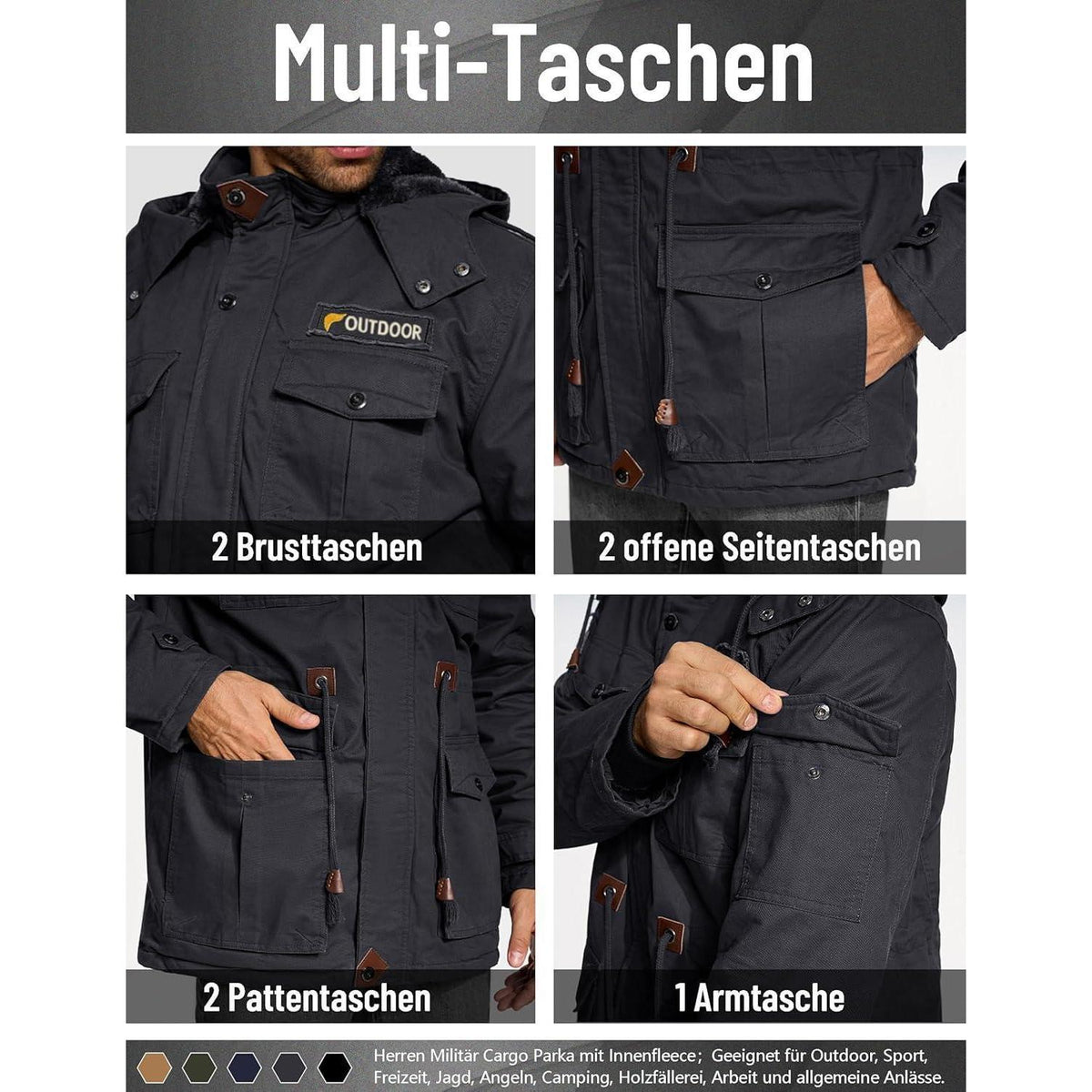 Herren Winterjacke gefüttert Fleece Parka mit Kapuze Grau XL