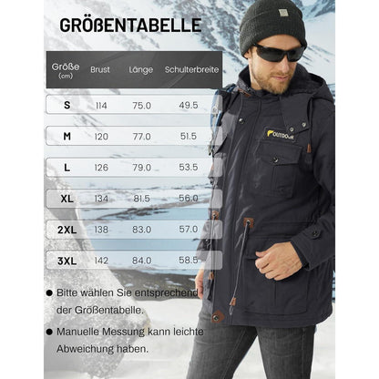 Herren Winterjacke gefüttert Fleece Parka mit Kapuze Grau XL