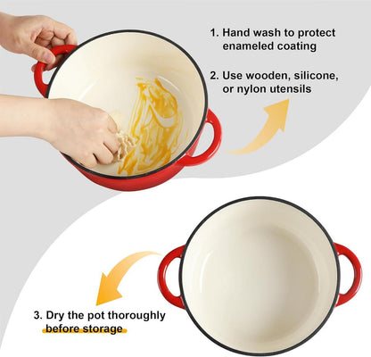 Gusseisen Bräter 23cm 3L mit Deckel und Griffen, Emaillierte Beschichtung, Für