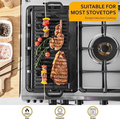 Gusseisen Grillpfanne 42x23cm Quadratisch Schwarz - Doppelseitig