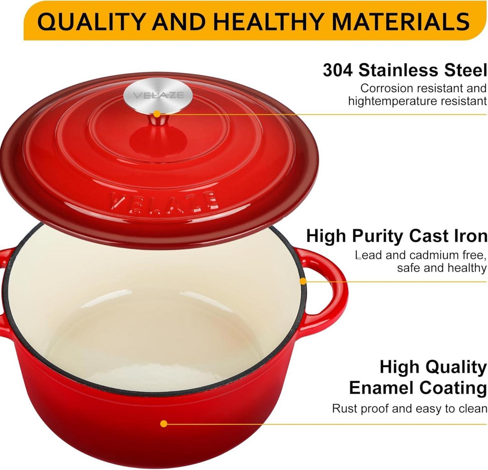 Velaze Gusseisen Topf 24cm mit Deckel und Emaillierung, 4L - Rund und Rot, für Induktion geeignet