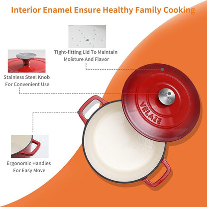 Velaze Gusseisen Bräter 5L Ø 25 cm Induktion Schmortopf Rot