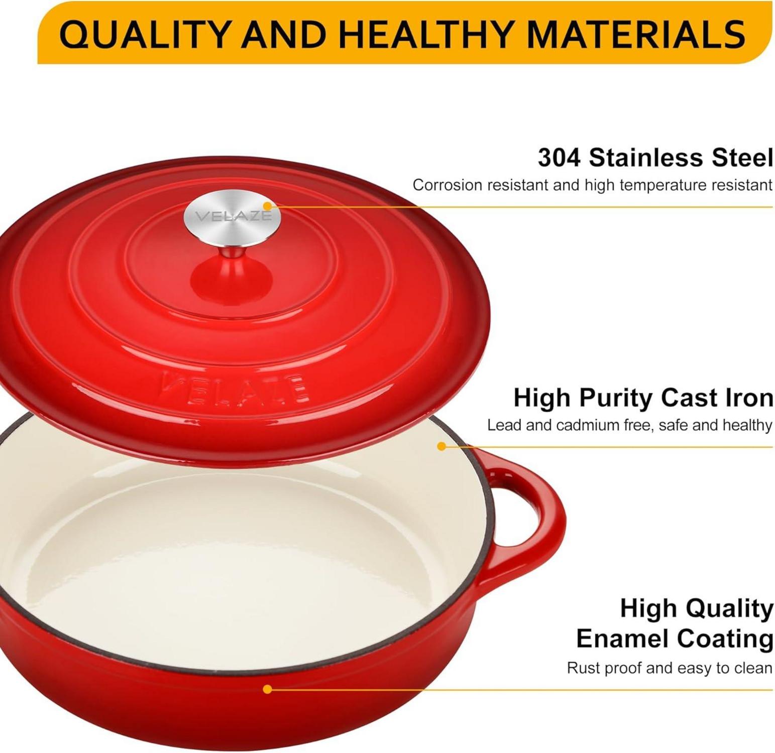 Velaze Gusseisen Bräter 28 cm Emailliert Backofenfest für alle Herdarten geeignet Rot 3,5L