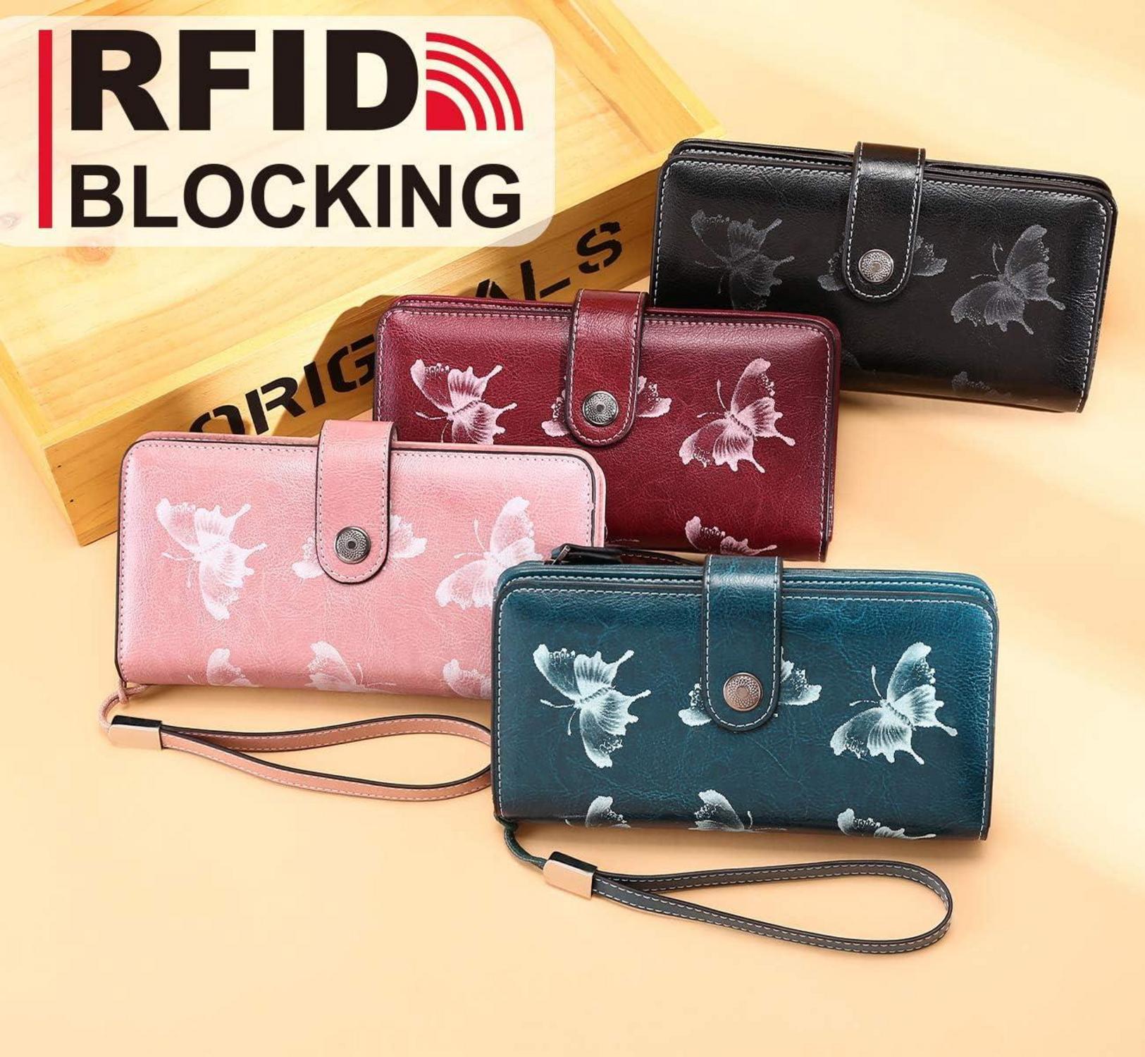 TEUEN Damen Geldbörse Leder RFID 24 Kartenfächer Schwarz