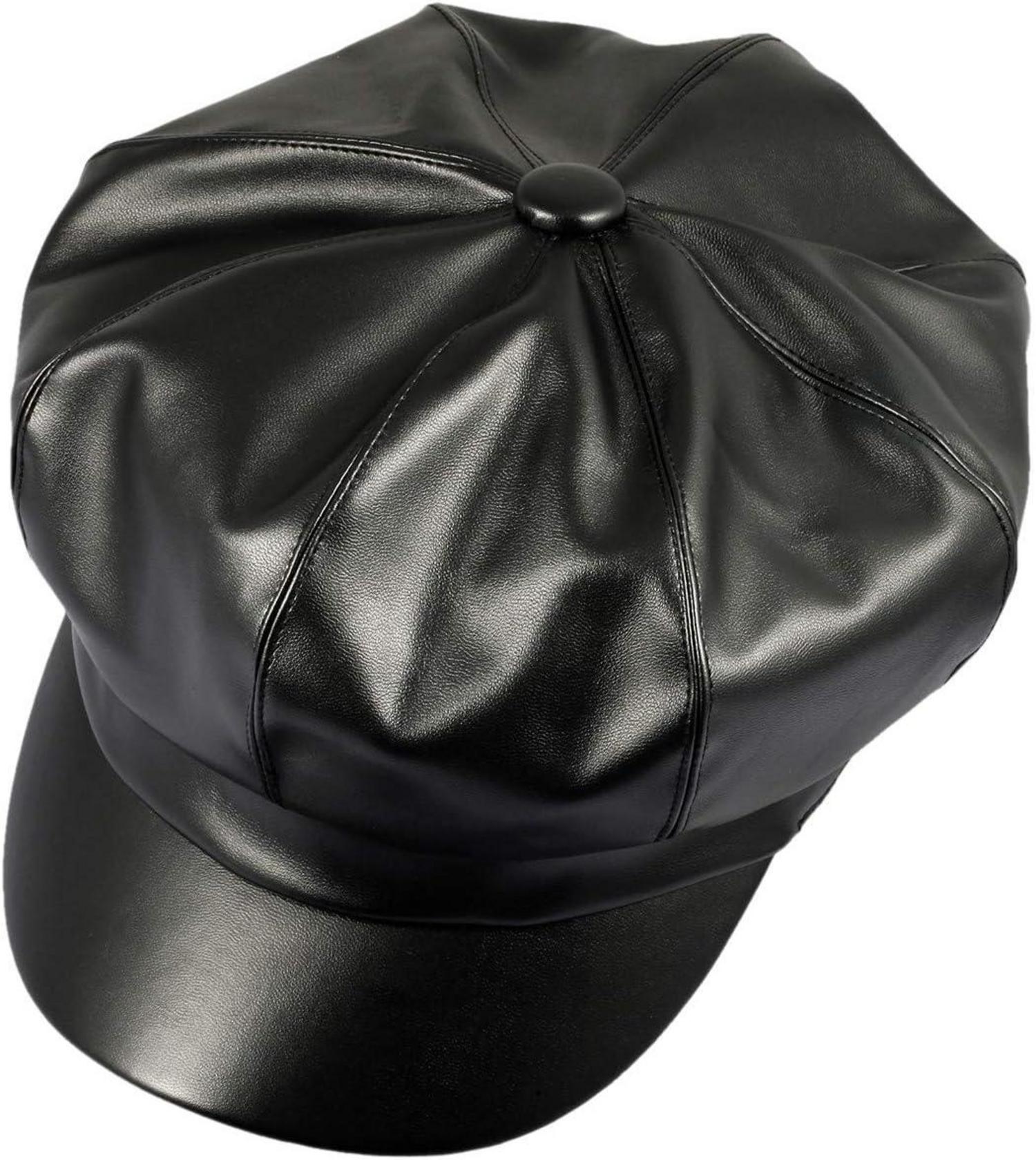 PU Leder Zeitungsjunge Baskenmütze 8 Panels Damen Schwarz