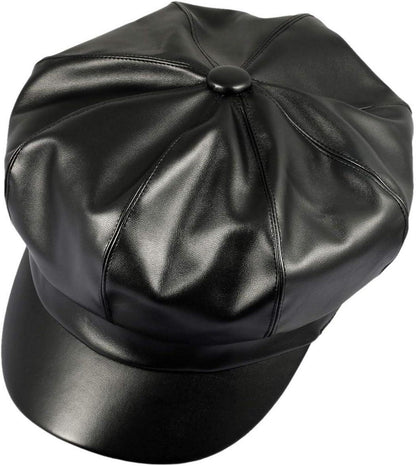 PU Leder Zeitungsjunge Baskenmütze 8 Panels Damen Schwarz