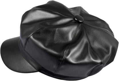 Damen PU Leder Zeitungsjunge Baskenmütze 8 Panels Schwarz