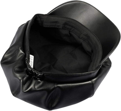 PU Leder Zeitungsjunge Baskenmütze 8 Panels Damen Schwarz