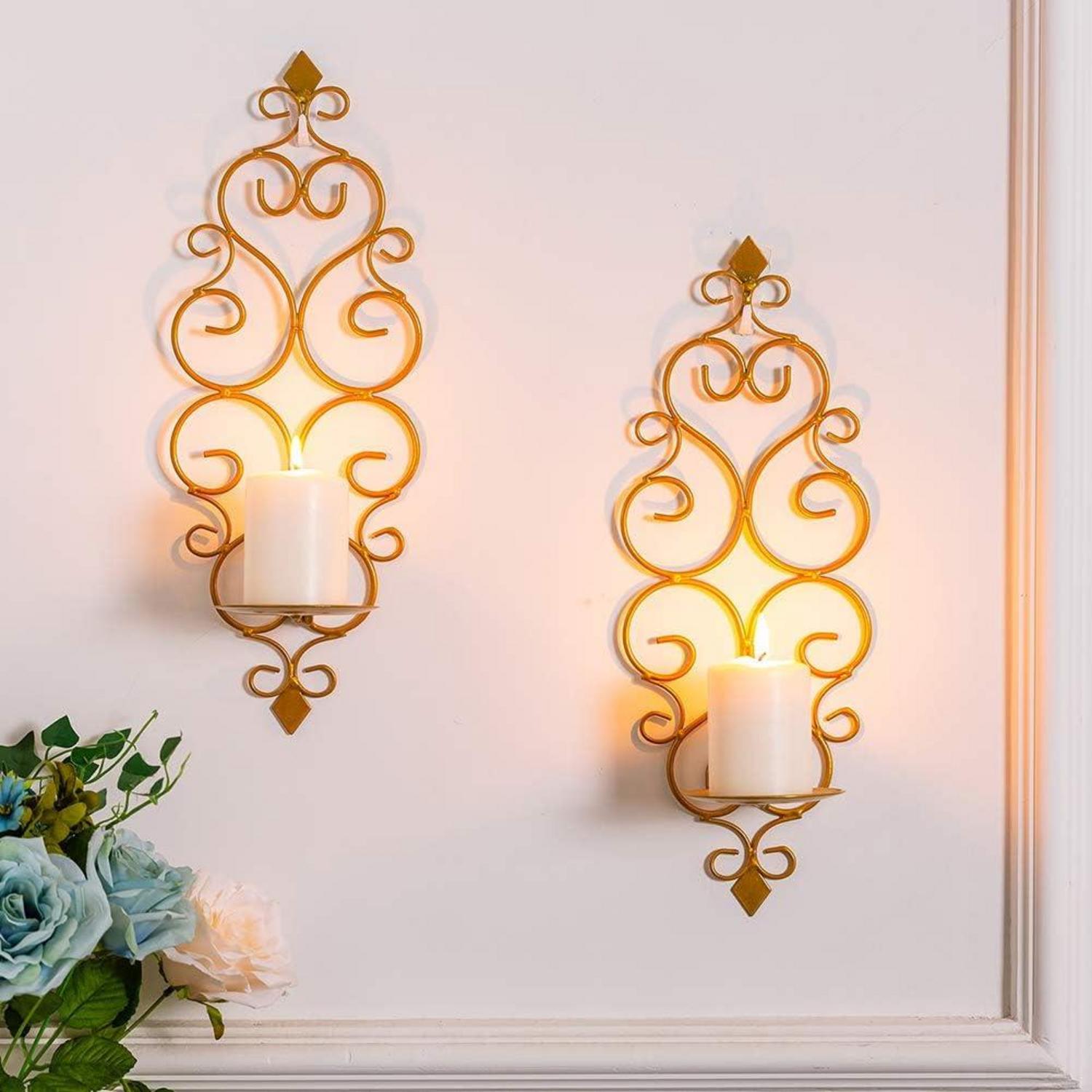Wandkerzenhalter Wandleuchter Metall 2er Set Teelichter Stumpenkerze Gold