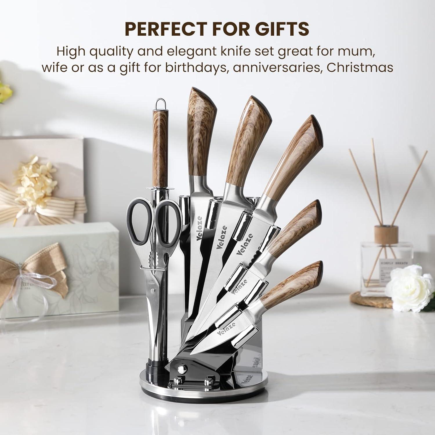 Messer Set Holzfarbe 8-teilig Edelstahl Kochmesser mit Messerblock und