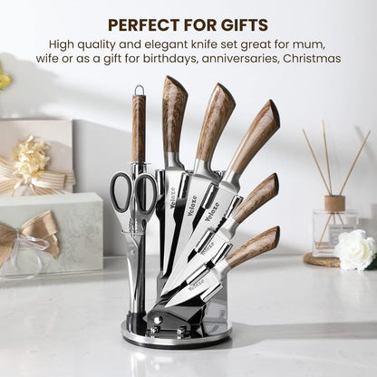 Messer Set Holzfarbe 8-teilig Edelstahl Kochmesser mit Messerblock und