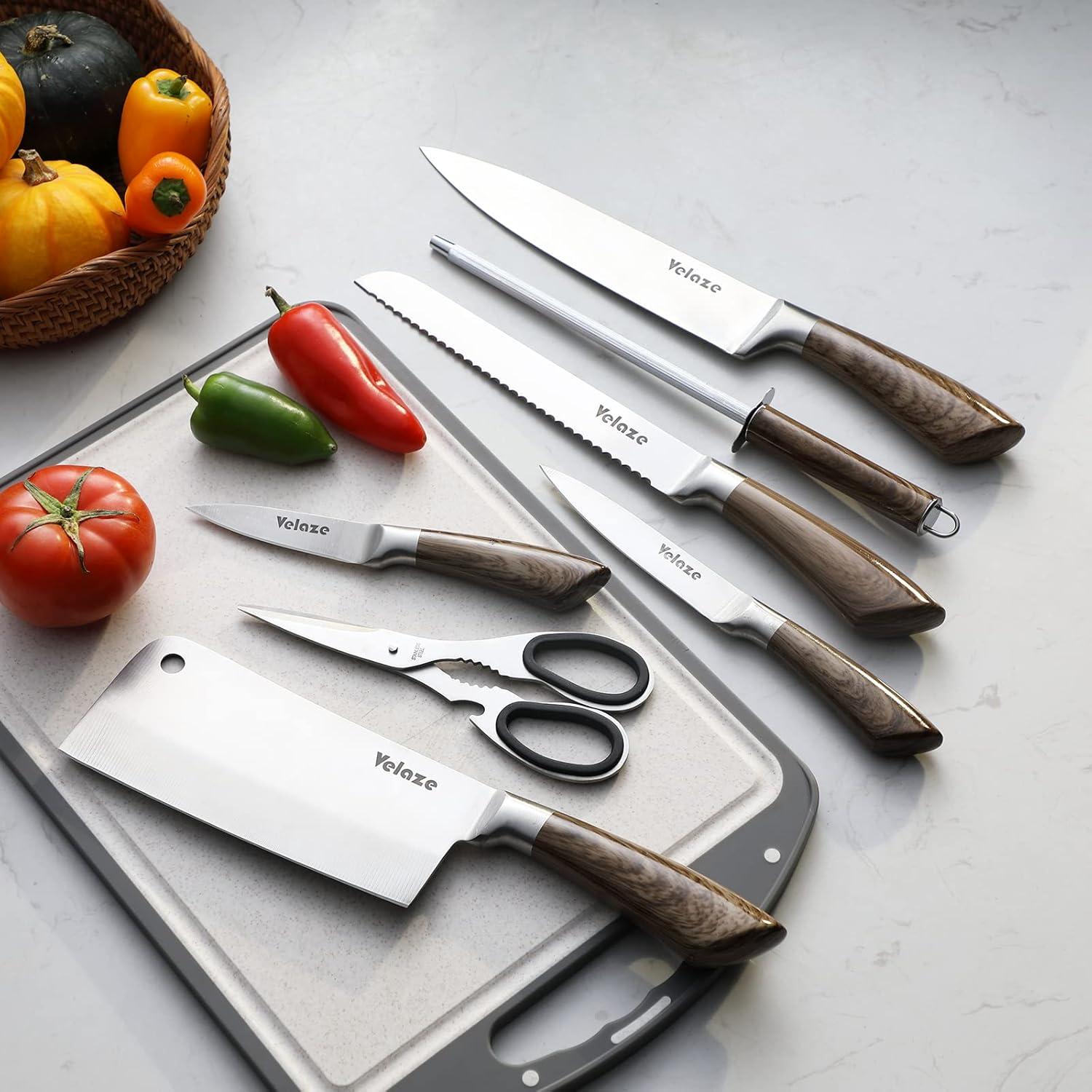 Velaze Messerset 8-teilig Edelstahl mit Messerblock & Wetzstahl