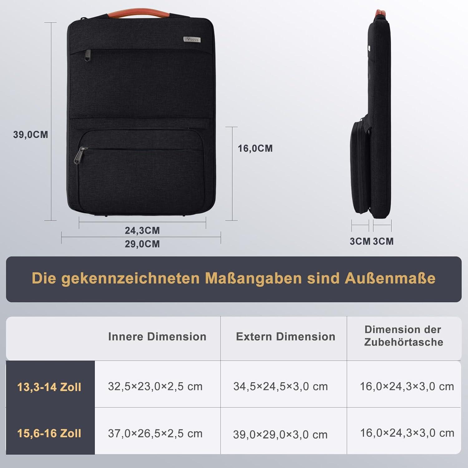 Voova Laptoptasche 15-16 Zoll Schwarz mit Zubehör-Hülle