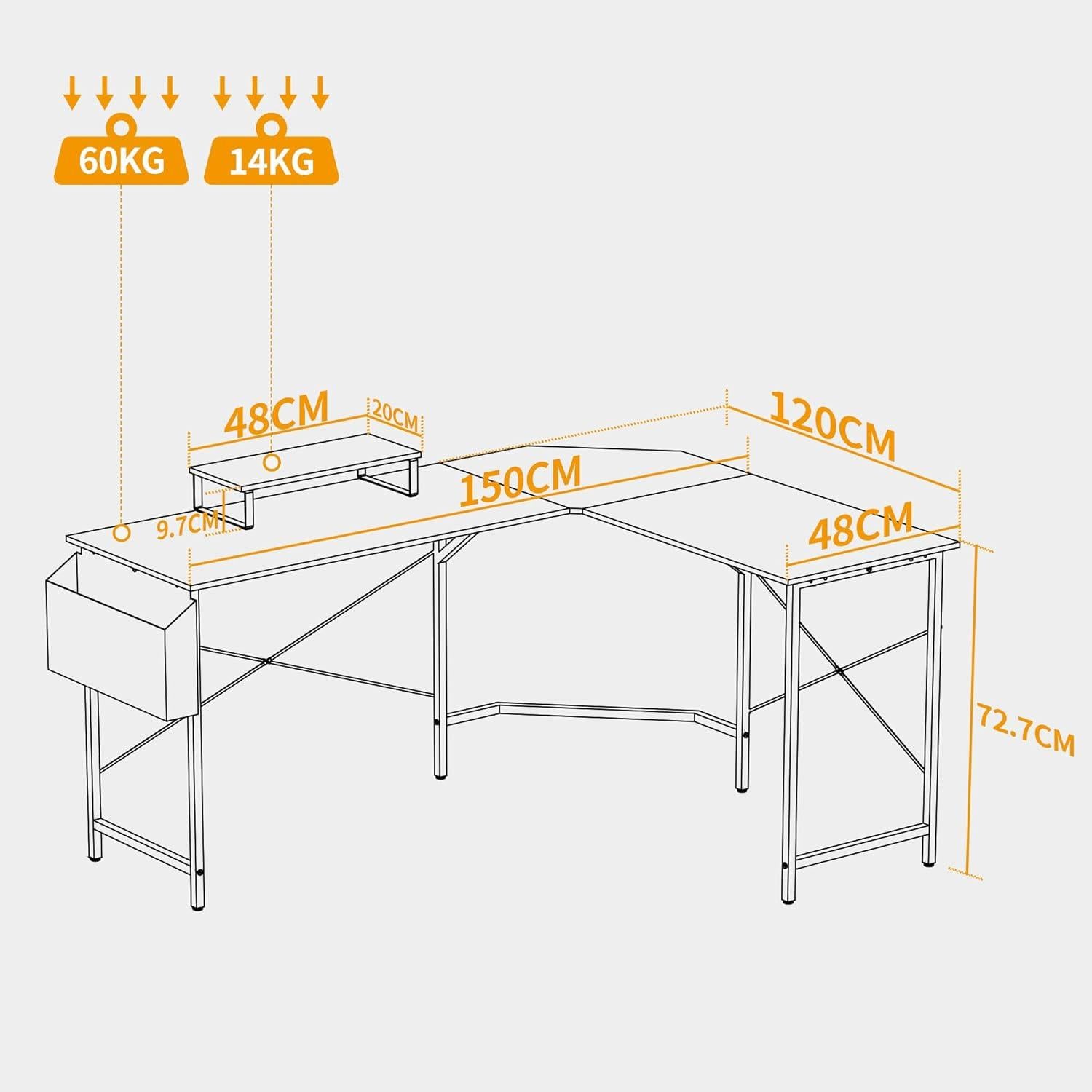 L-förmiger Computertisch 150x120cm Gaming-Tisch mit Monitorständer - Schwarz