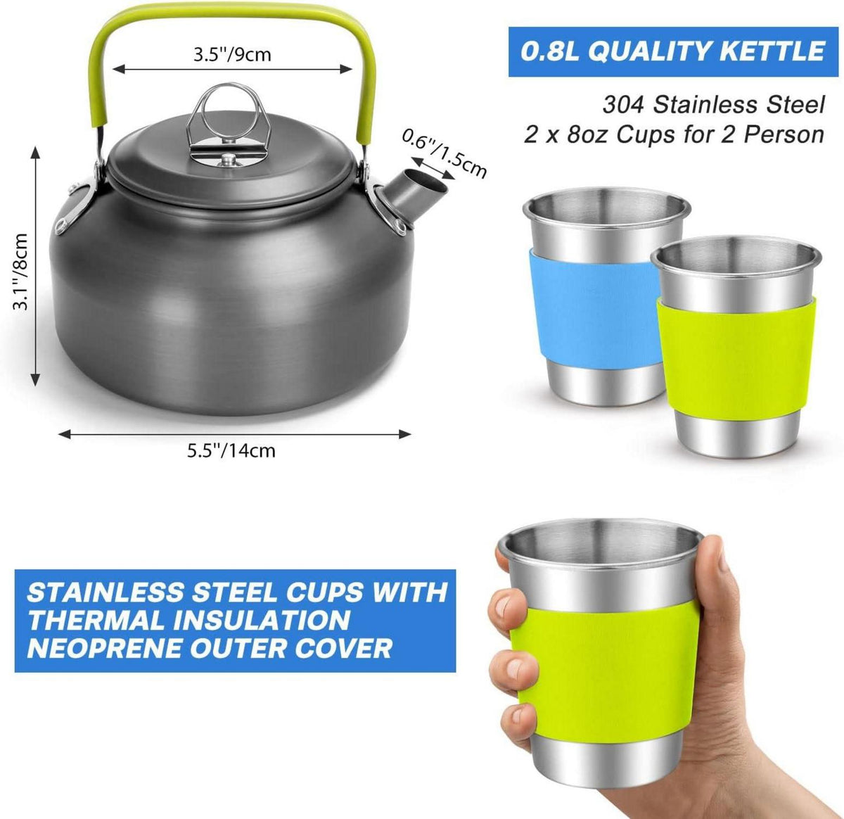 Odoland Camping Geschirr Set | Kochset Topf Teekessel Campingbesteck Becher | Leicht Aluminium Faltbar Outdoor Camping Geschirr Set 17 pcs