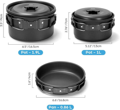 Camping Kochgeschirr Set Töpfe Pfanne Besteck faltbar 1-2