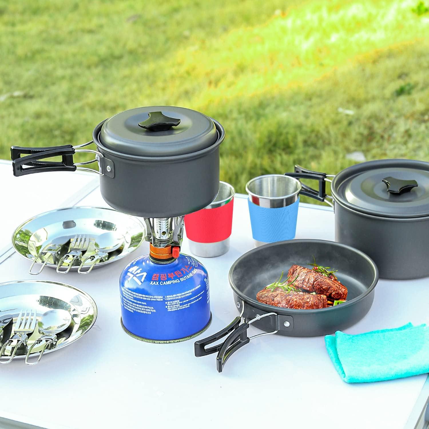 Odoland Camping-Geschirr-Set Töpfe Pfanne Tasse Teller Besteck faltbar