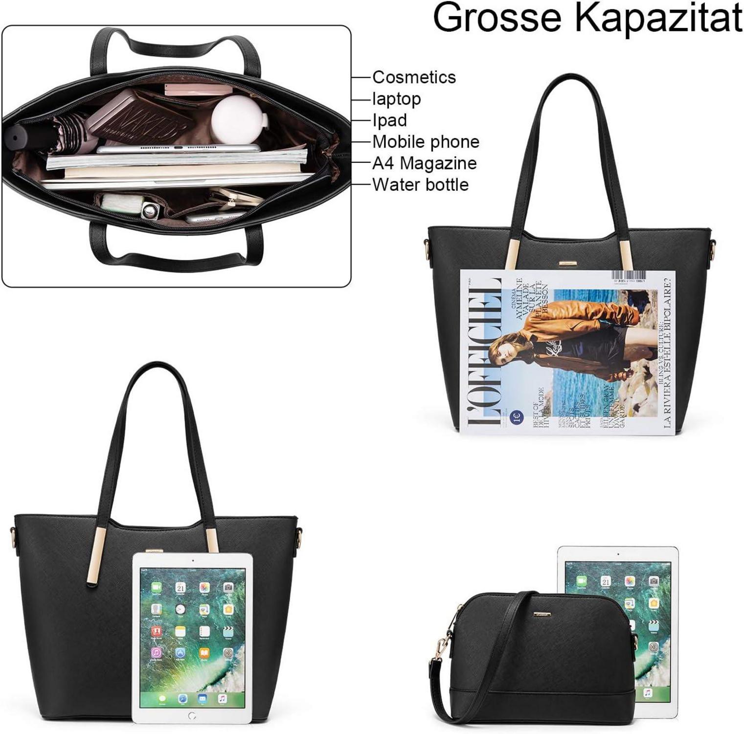 Damen Handtasche Shopper Schultertasche Umhängetasche Schwarz Leder