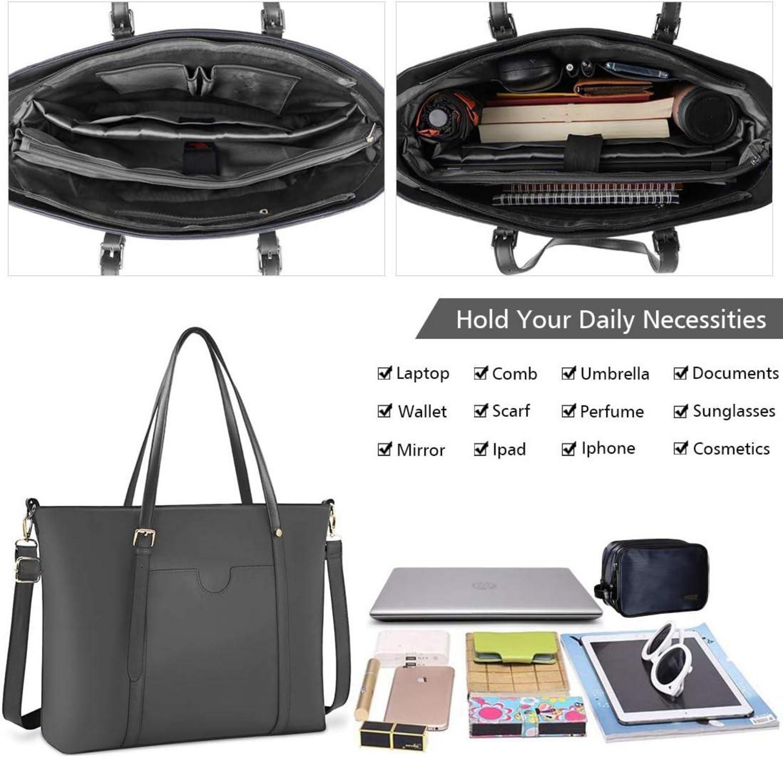 Große Damen Schwarz PU Leder Laptop Shopper Handtasche 15.6 Zoll