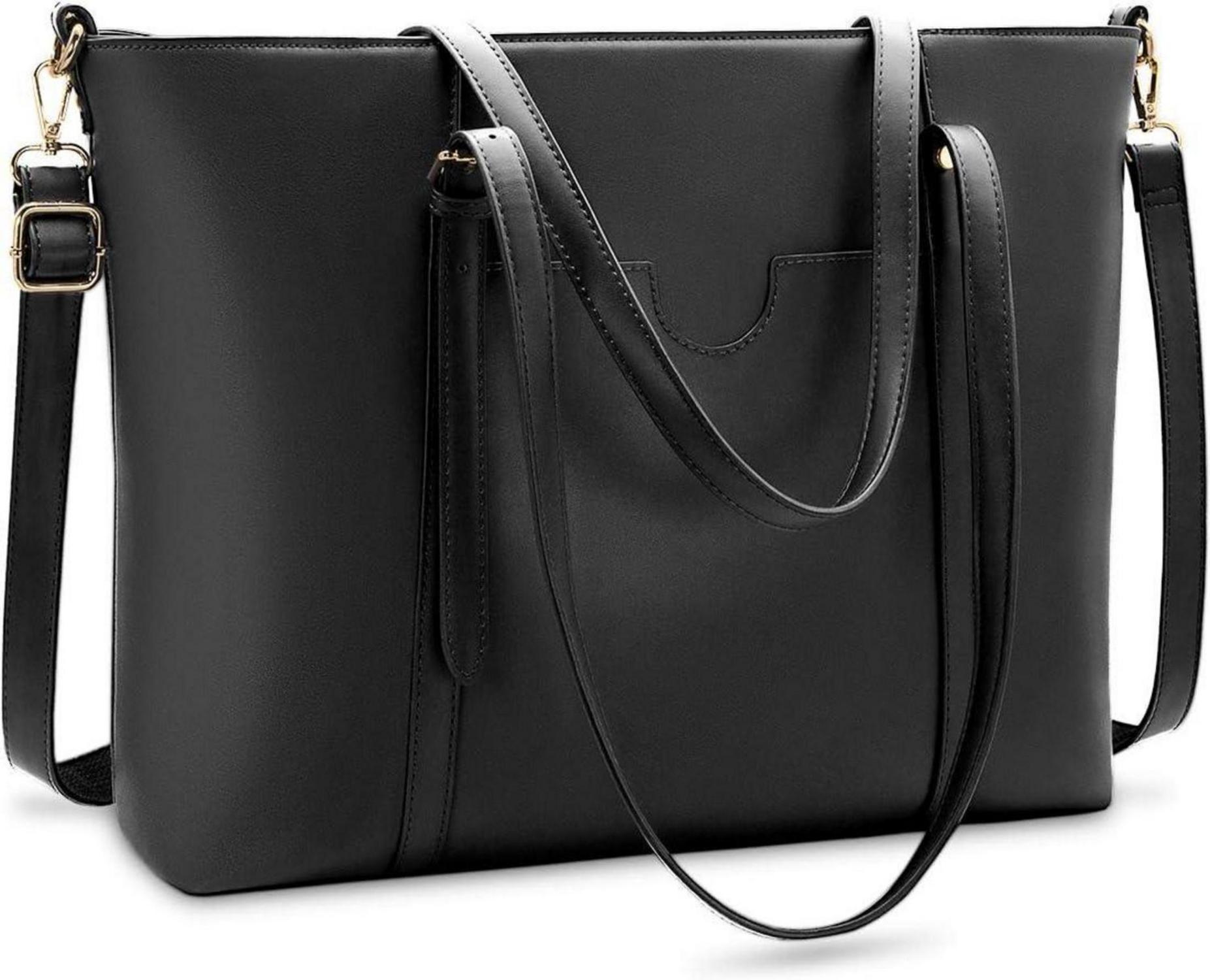 Große Schwarz PU Leder Laptop Umhängetasche Damen Business Shopper