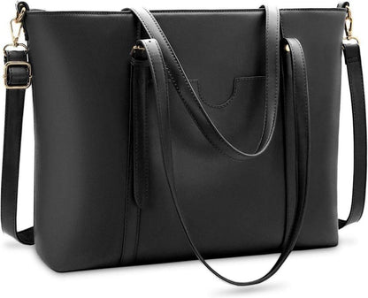 Große Schwarz PU Leder Laptop Umhängetasche Damen Business Shopper