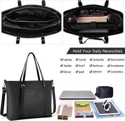 Große Schwarz PU Leder Laptop Umhängetasche Damen Business Shopper