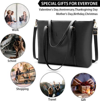 Handtasche Shopper Damen Groß 15.6 Zoll PU Leder Schwarz Laptop