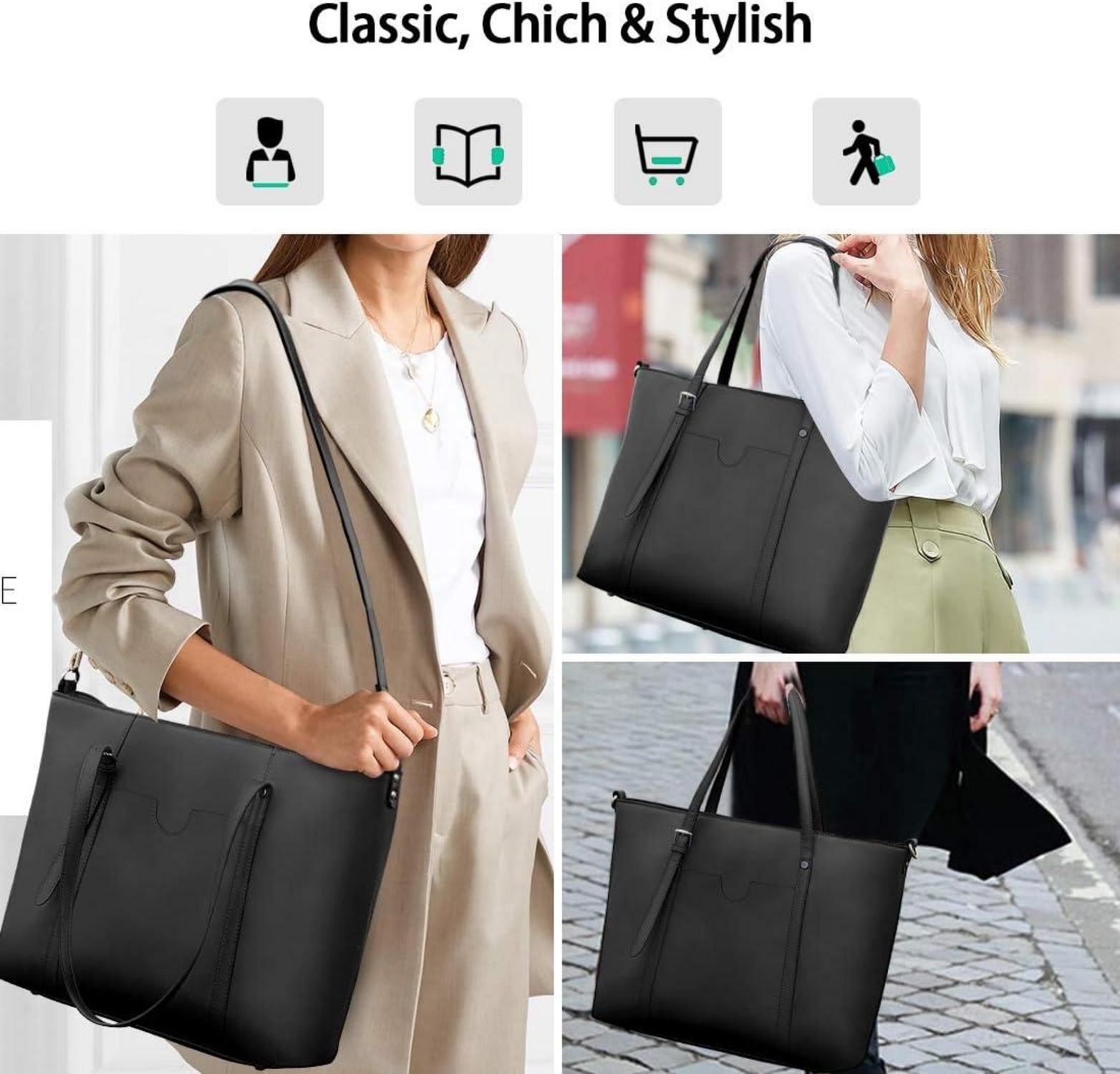Handtasche Shopper Damen 15.6 Zoll PU Leder Schwarz Laptop Umhängetasche