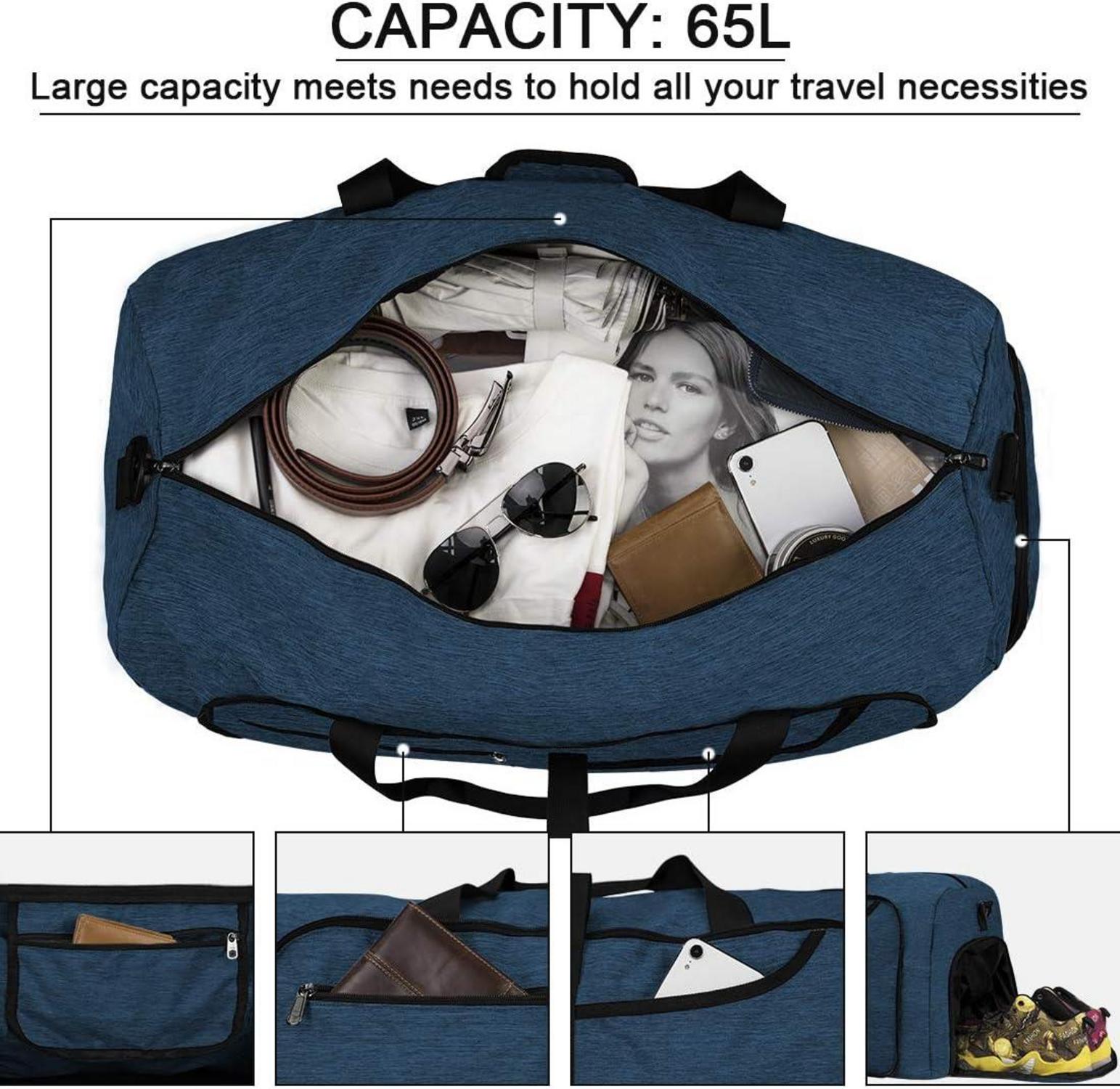 NEWHEY Große Faltbare Reisetasche 65L Schwarz - Leichte