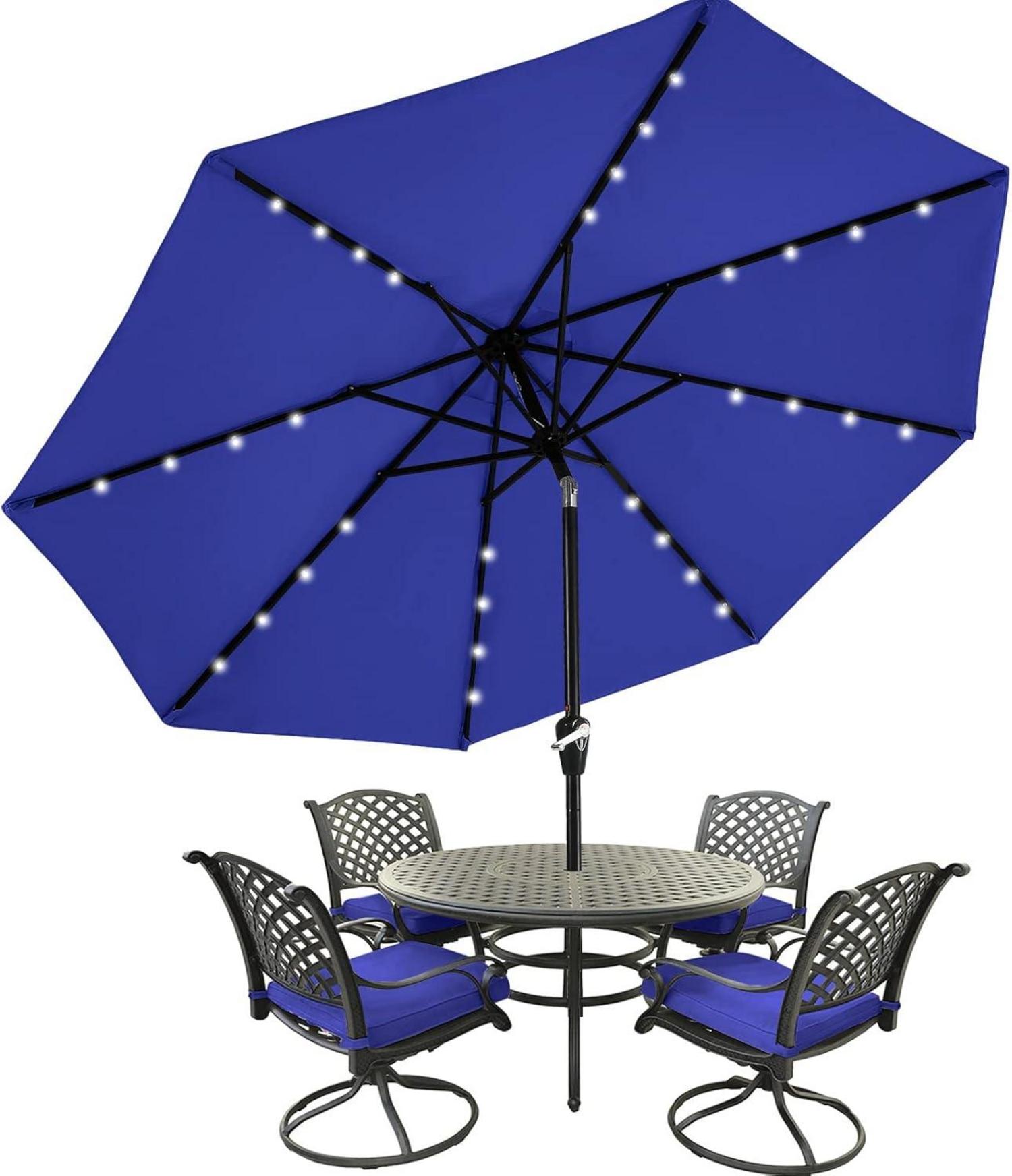 Sonnenschirm mit Solar-LED 270 cm Blau 32 Lichter 8 Rippen