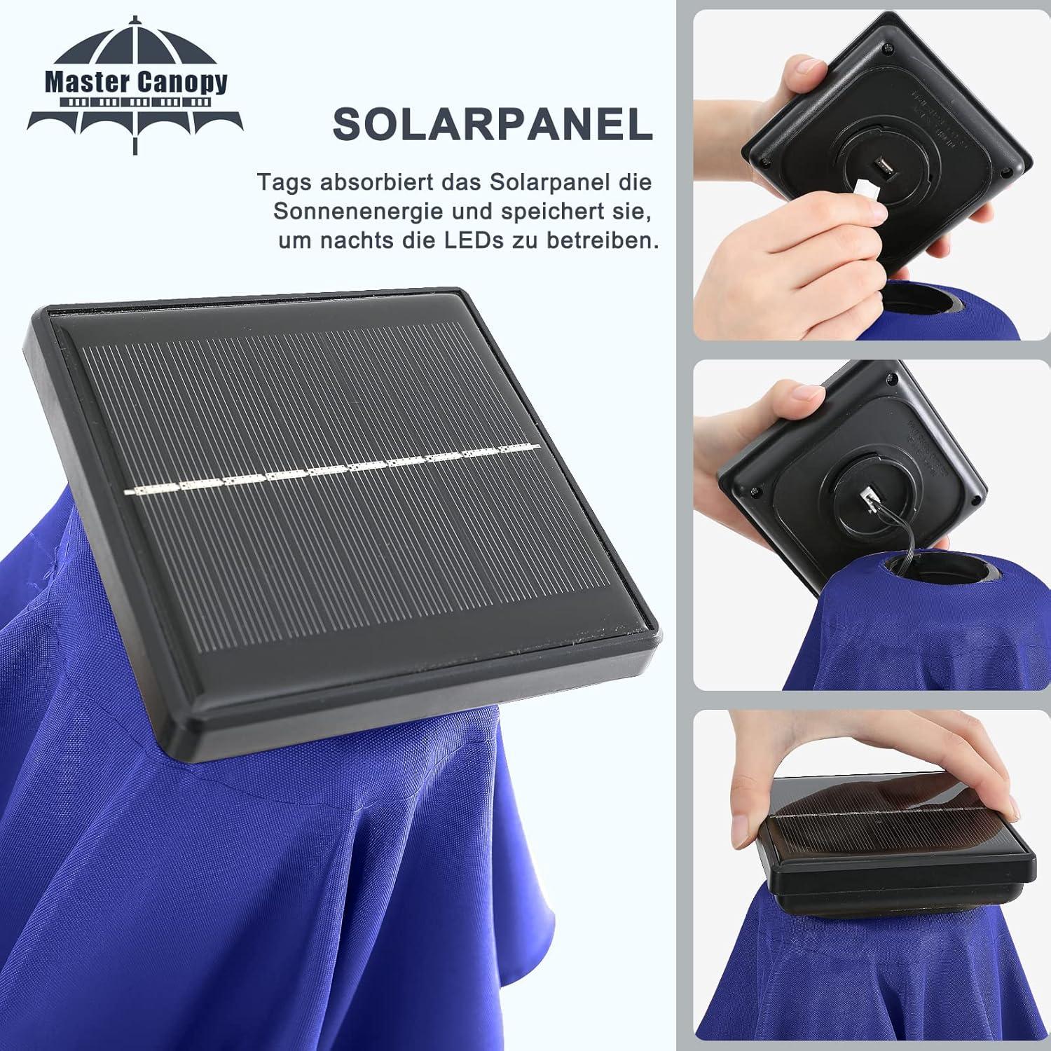 Sonnenschirm mit Solar-LED 270 cm Blau 32 Lichter 8 Rippen