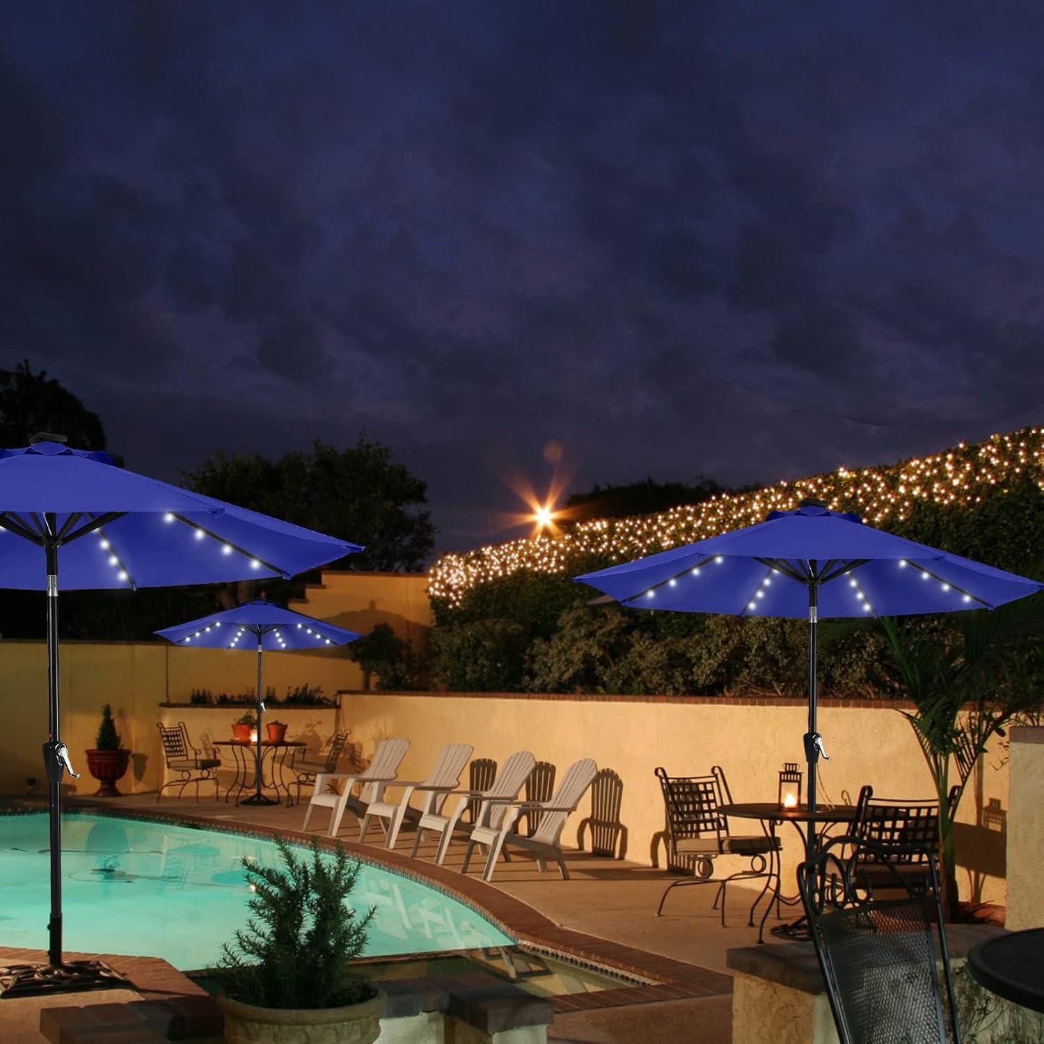 Großer Sonnenschirm 270 cm mit 32 Solar-LED Lichtern, Blau