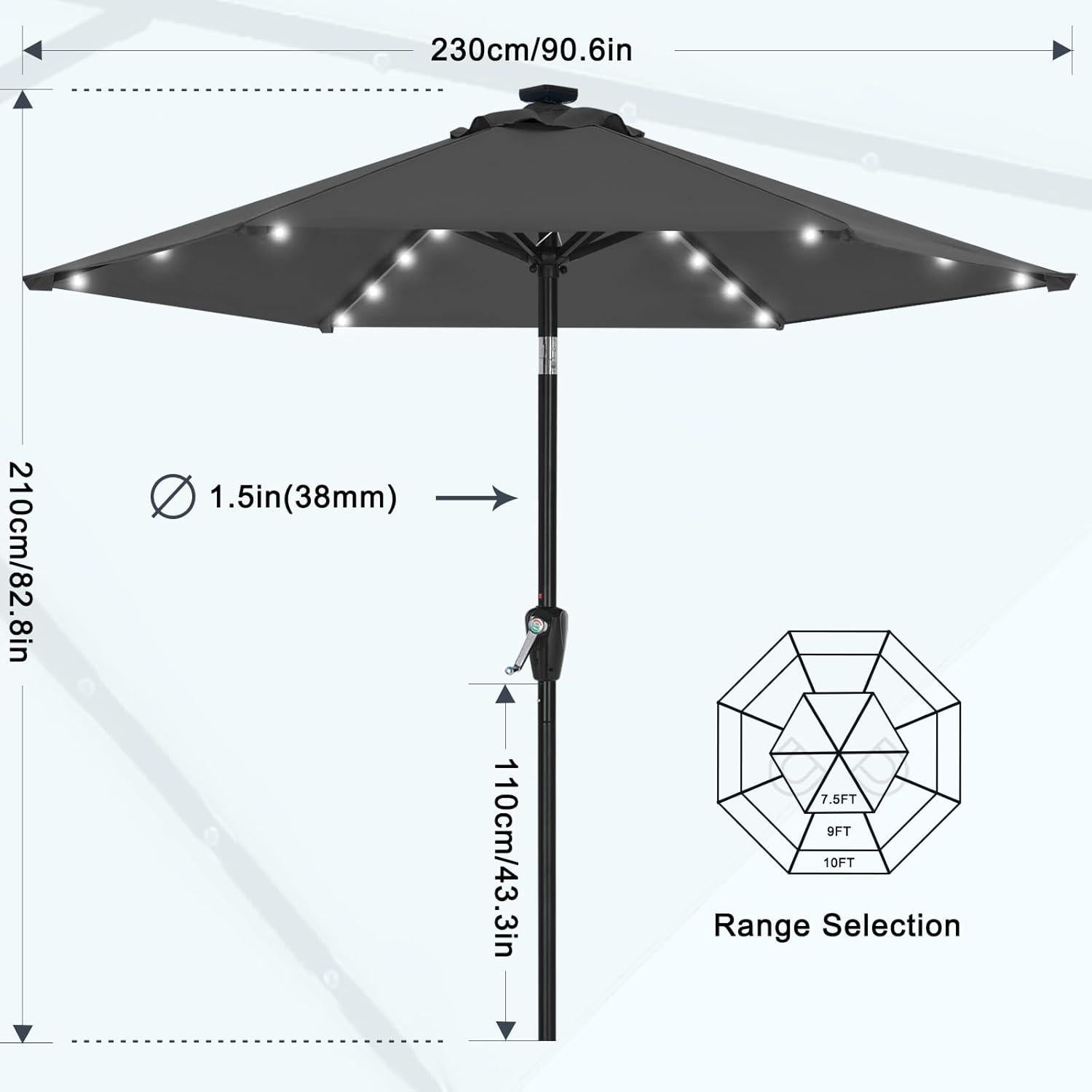 230 cm Sonnenschirm mit Solar-LED Lichtern, Gartenschirm