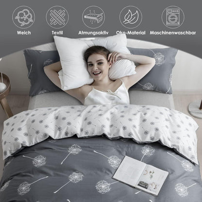 Bettwäsche 135x200 Grau Weiß Pusteblume Baumwolle 4teilig