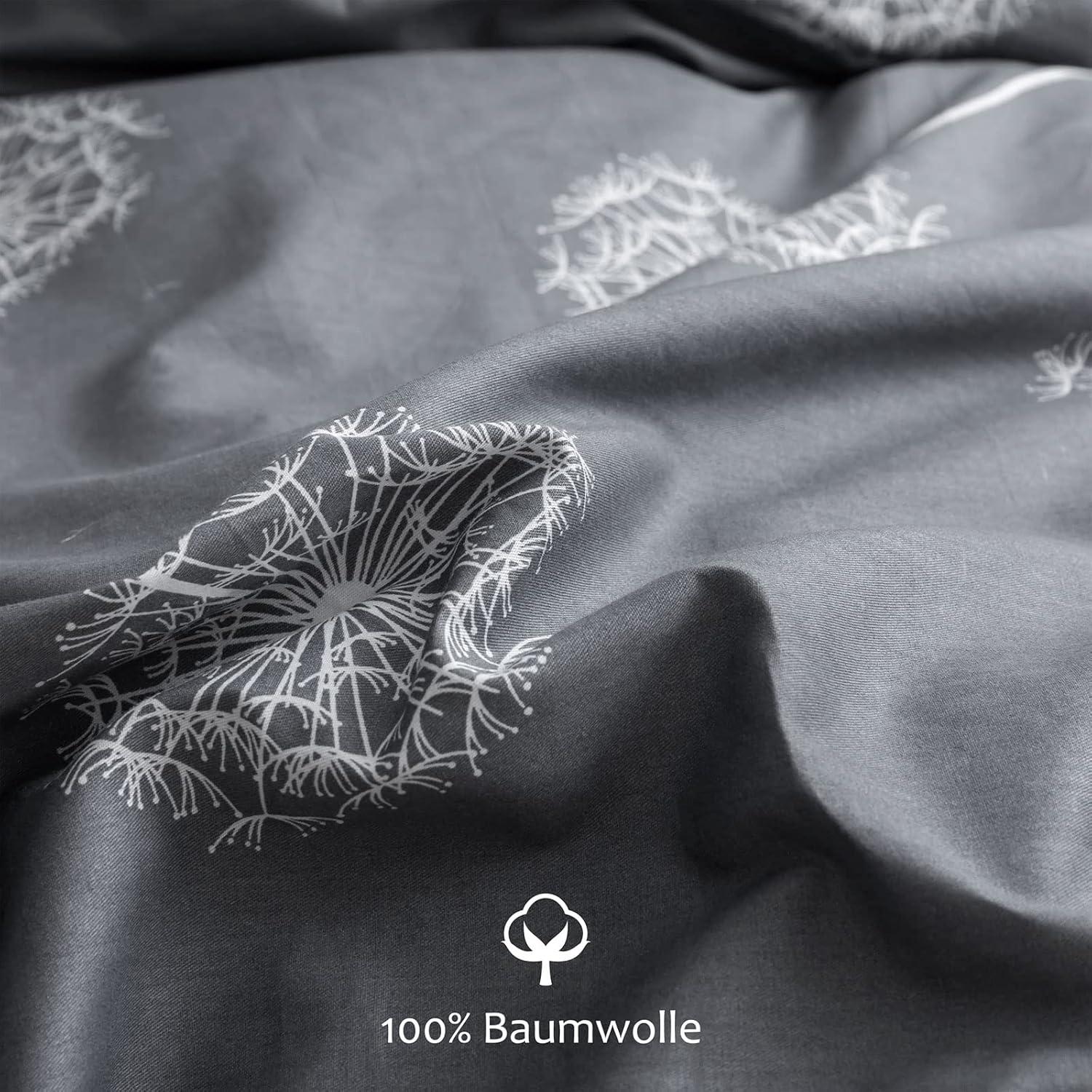 Bettwäsche Set 135x200 Grau Weiß Pusteblume Baumwolle Wendebettwäsche