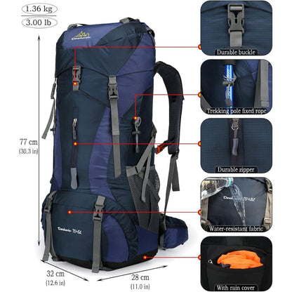 70L Campingrucksack Trekking Wanderrucksack mit Regenschutz