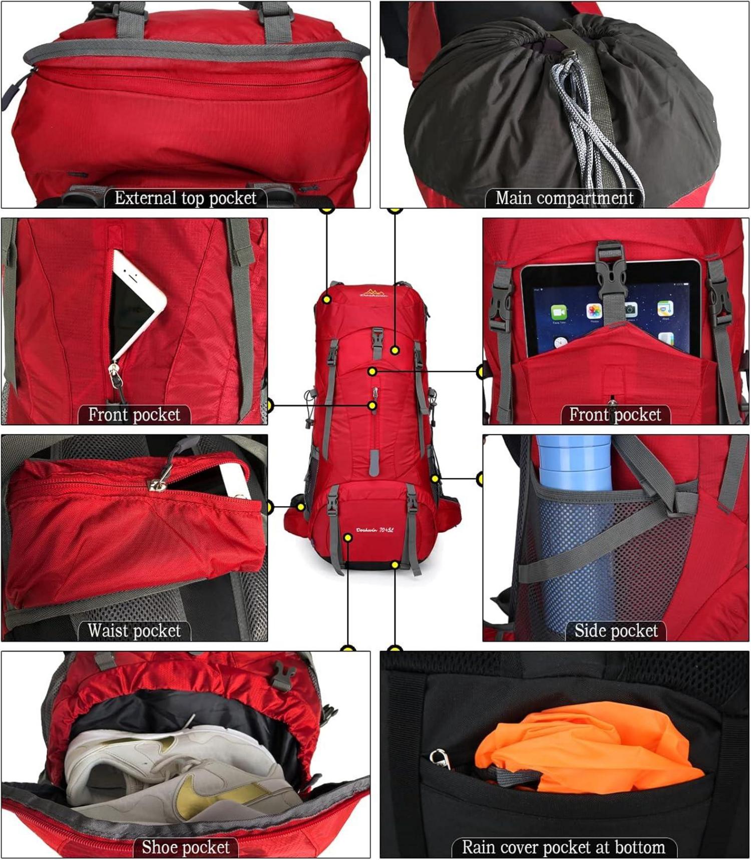 70L Rucksack Camping Wandern Trekking Reise Rot mit Regenschutz