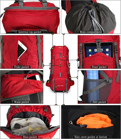 70L Rucksack Camping Wandern Trekking Reise Rot mit Regenschutz