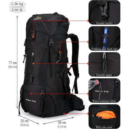 70L Campingrucksack Trekkingrucksack Wasserdicht Schwarz
