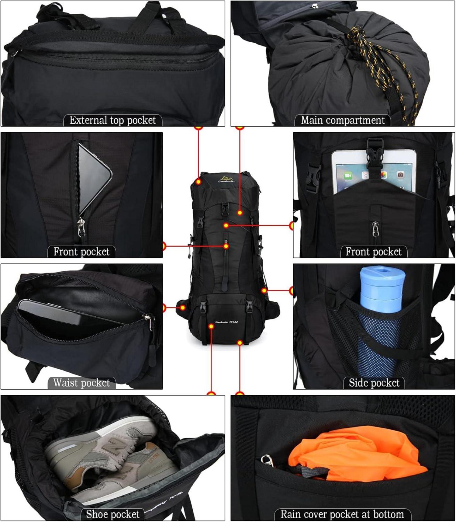 70L Campingrucksack Trekkingrucksack Wander- und Reiserucksack in Schwarz