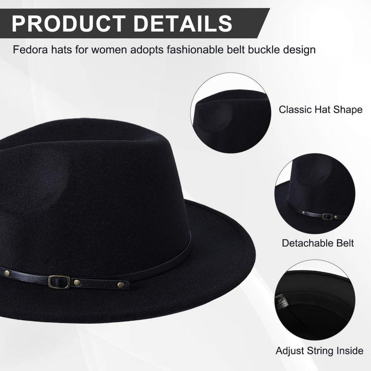 Unisex Fedora Hut aus Wollmischung mit Gürtelschnalle – Schwarz