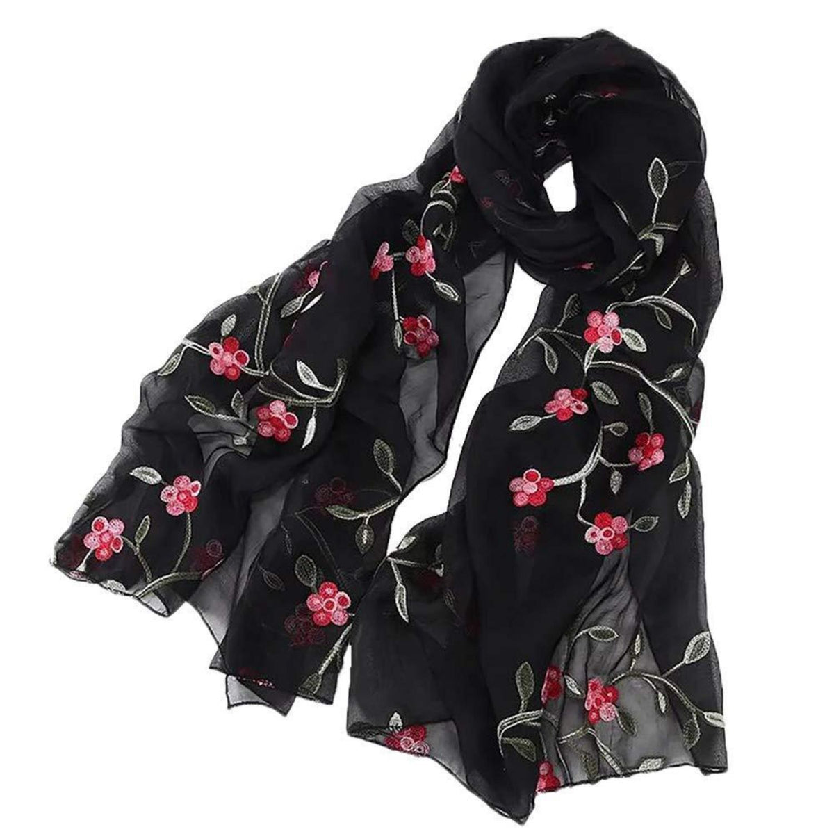 Damen Foulard bestickt mit Blumen, Seidenschal Retro-Design